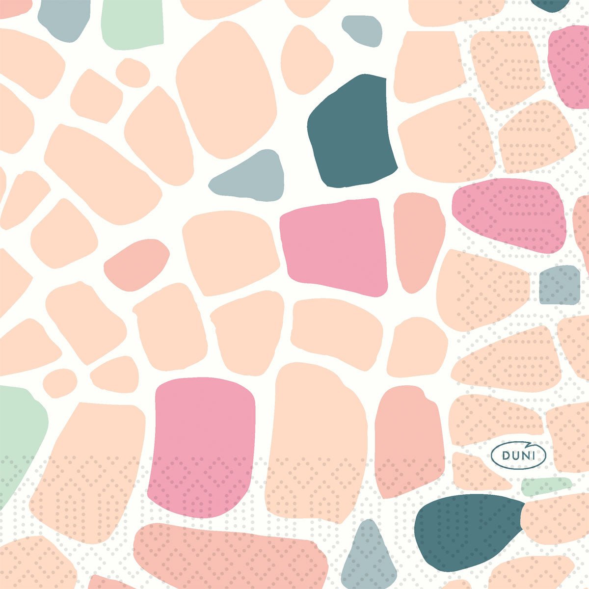 Abstract pattern of irregular pink, peach, green, and gray shapes on white; "DUNI" appears in an oval at the bottom right. Ideal as a high-quality napkin for special occasions. Product: Napkin, 24x24 3-ply 1/4 by Duni GmbH.