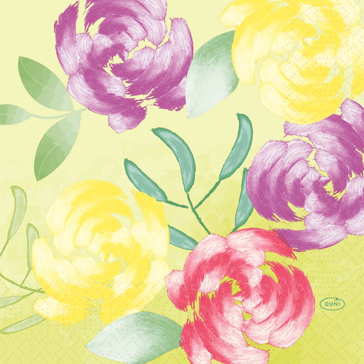 The "Napkins 33 cm 3-ply Soft Tropics" from Duni GmbH feature bright brushstrokes with flowers and green leaves on light yellow - ideal for your garden party. The package contains 50 high-quality paper napkins, each adorned with a subtle blue Duni logo.