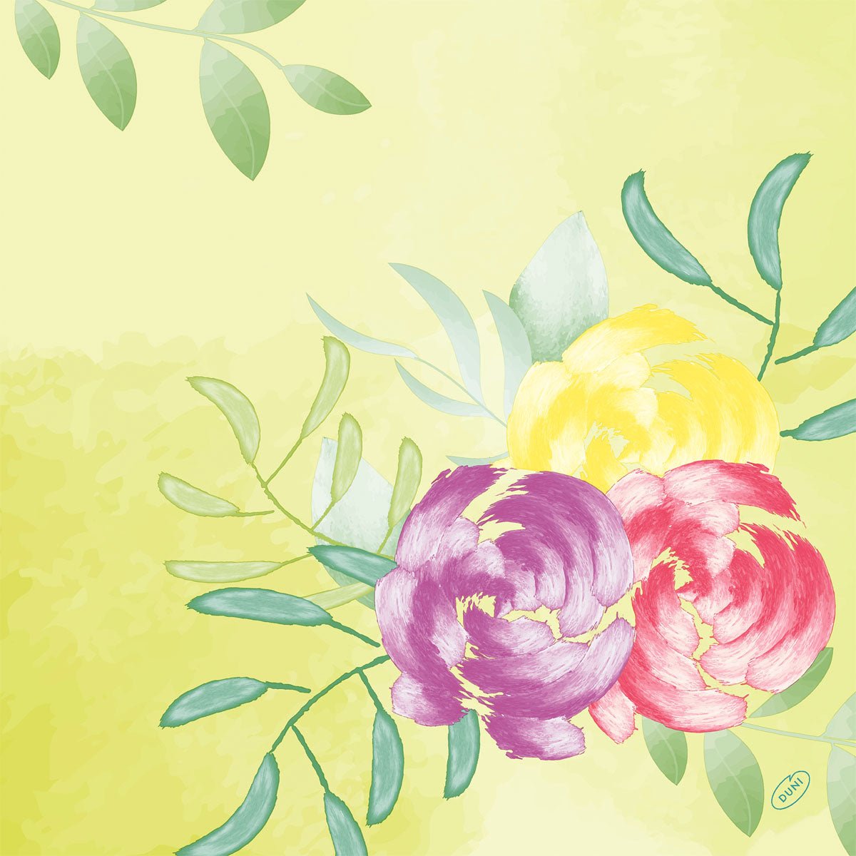 An illustration in watercolor style with yellow, purple, and pink flowers with green leaves on a light yellow-green background, perfect for the Bio-Dunisoft napkin. 40x40cm by Duni GmbH.