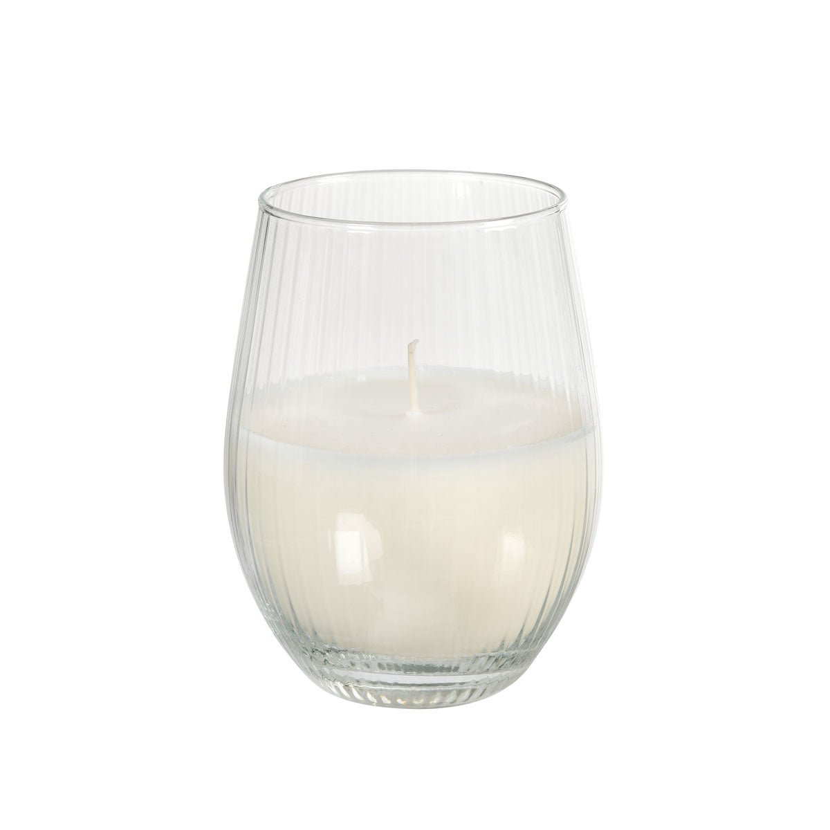 The candle jar Ritz by Duni GmbH (12.5 cm, Ø76 mm, white) is an elegant tealight holder made of clear, ribbed glass with white wax and a wick - high-quality craftsmanship in a simple design.