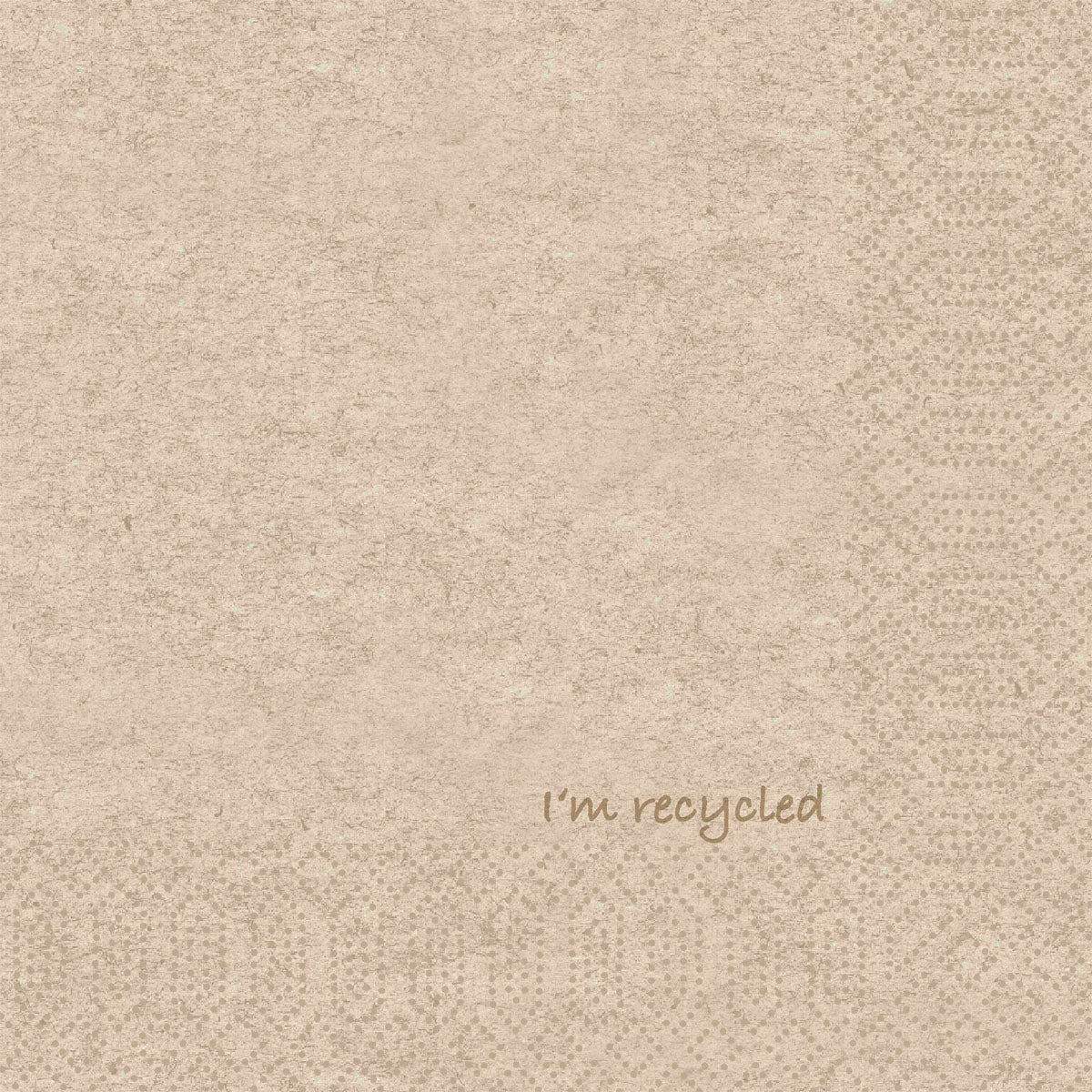 Zellt.Serv.33x33 2-ply 1/4 I'm recycled paper napkins from Duni GmbH are beige napkins with a subtle border on the right and bottom edge and the inscription "I'm recycled" in light brown font in the lower right corner. Package: 300 napkins.