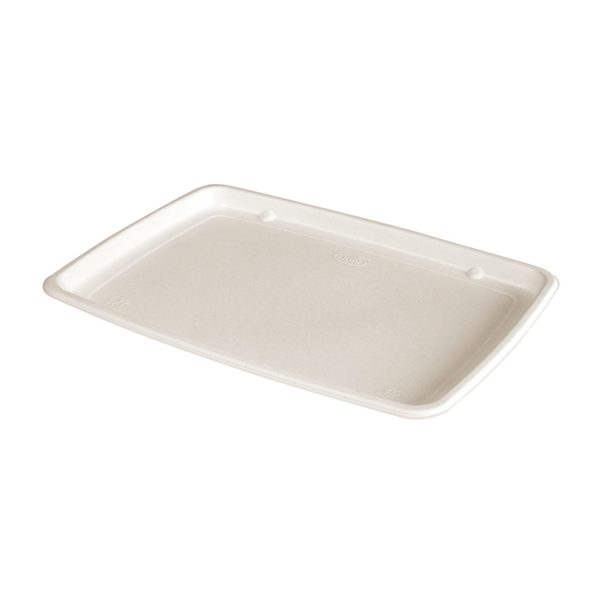 A rectangular, brown serving platter Small from Duni GmbH (Brown Bagasse, 285x203x15mm), uncoated and environmentally friendly, is shown on a plain white background. Ideal for sustainable serving; the package contains 60 pieces.