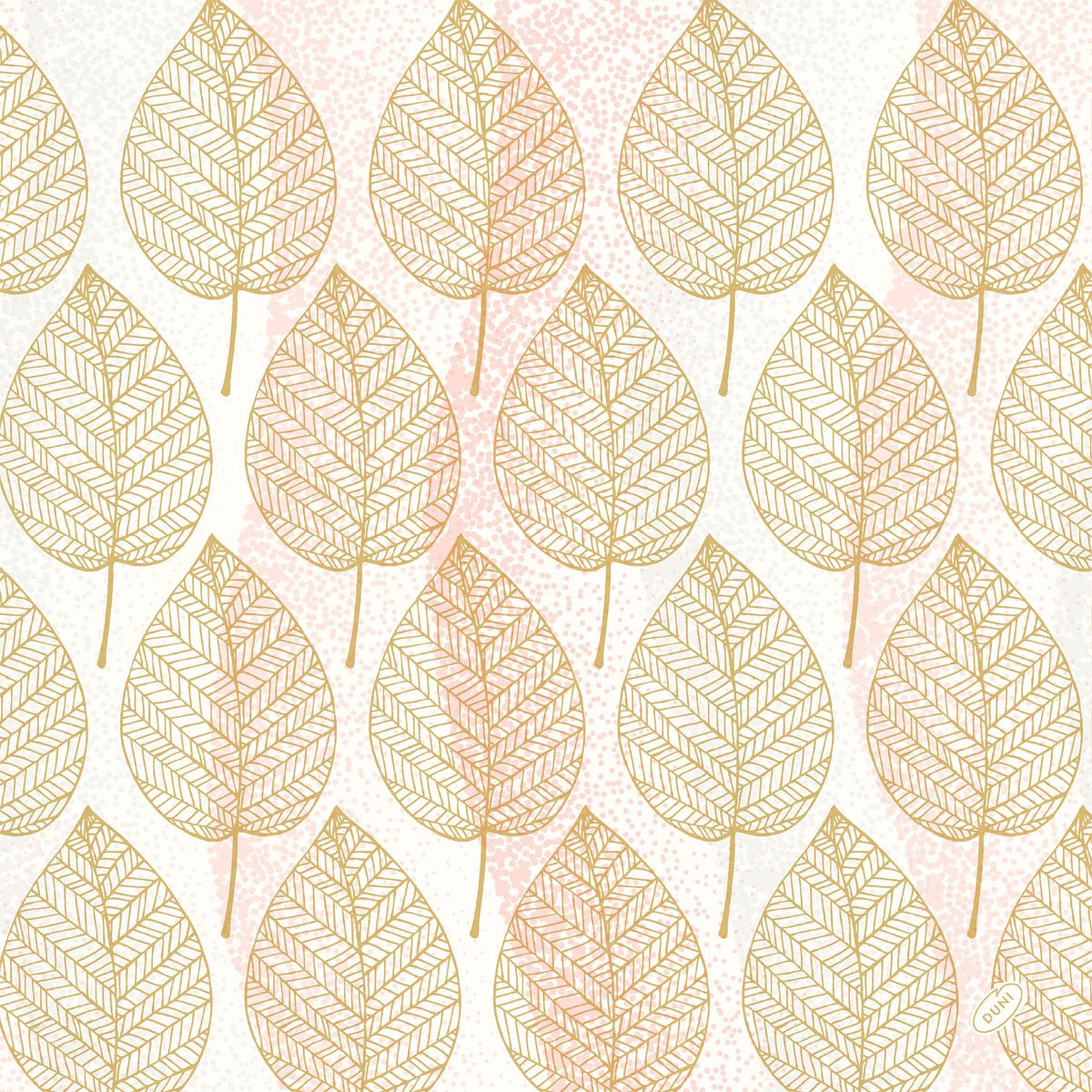 A seamless pattern of gold-edged leaves with detailed veins on white and pink accents adorns the Bio-Dunisoft napkins 40x40cm by Duni GmbH, creating a clean, decorative look that is ideal for eco-friendly use.