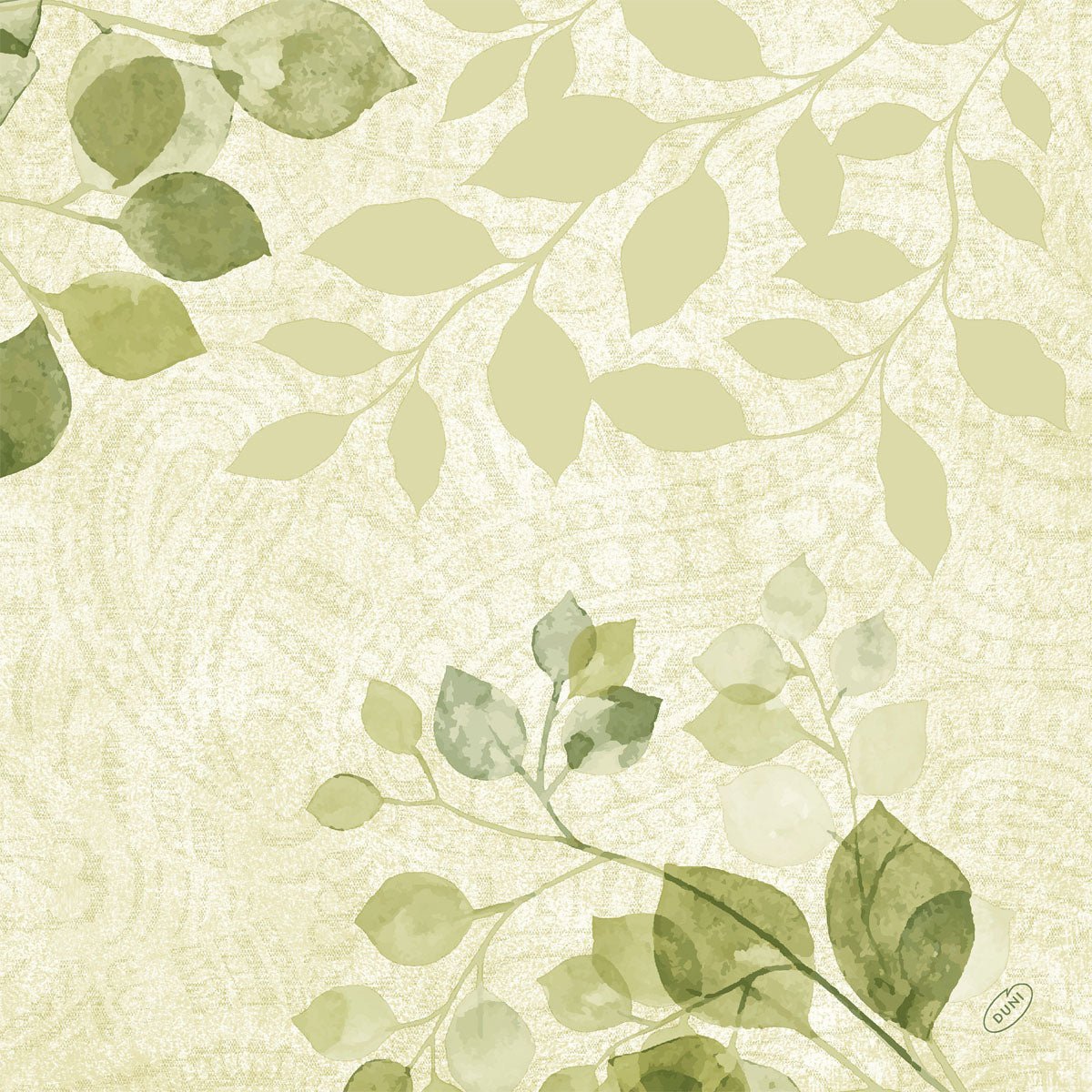 A light green-beige background with a subtle paisley pattern, overlaid with watercolor-like leaf branches in shades of green, emphasizes the natural charm of the diagonally arranged Bio-Dunisoft napkins 40x40cm by Duni GmbH.