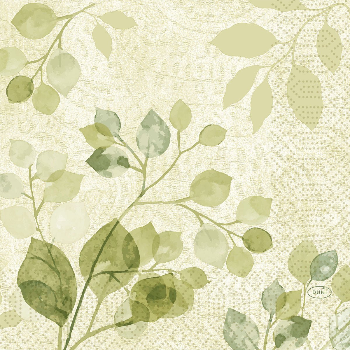 The Duni GmbH napkins 33x33 3-ply 1/4 Paisley Leaves (50 pieces) feature a watercolor design with green, leafy branches on light beige and subtle paisley patterns, offering a soft, natural look with delicate, textured details.