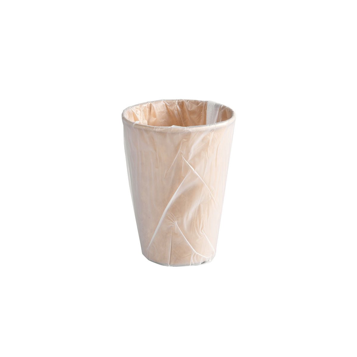 The beige waste bin with a transparent insert, perfect for disposing of Duni GmbH cups for dispensers 210ml, PAP/WBC individually packed | Carton (500 packs), helps keep spaces clean and organized.