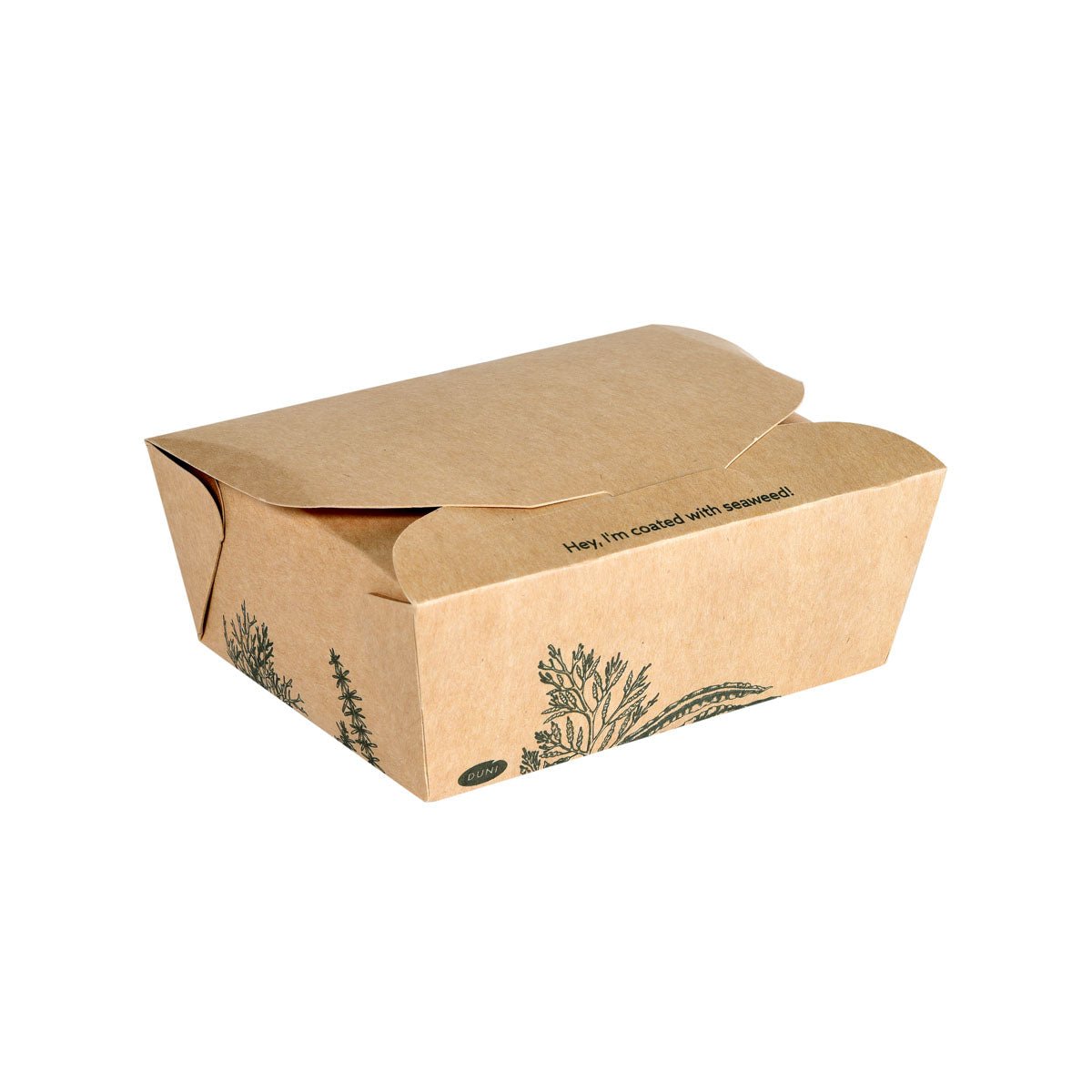 The Alga Box 1200ml 120x110x62mm, brown | Carton from Duni GmbH is a closed brown box with black botanical illustrations and "Hey! I'm covered with algae!" on the top flap - an eco-friendly packaging for takeaway food.