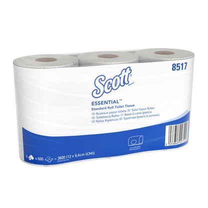 Scott® Essential™ Toilet Paper 8517 from Kimberly-Clark GmbH: 2-ply, 36 rolls/21,600 sheets in the carton (6 packs), made from recycled fibers in consciously eco-friendly, white-blue packaging.