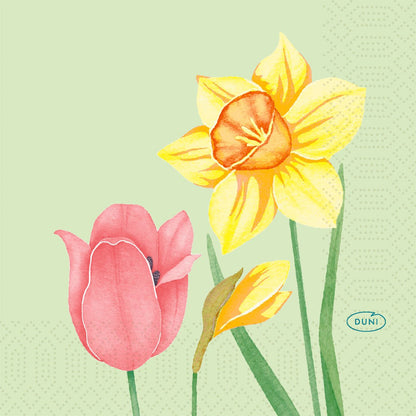 A watercolor of a pink tulip and two yellow daffodils adorns the napkin, 24x24 3-ply 1/4 by Duni GmbH - ideal for special occasions, with "Duni" in blue on a light green background.