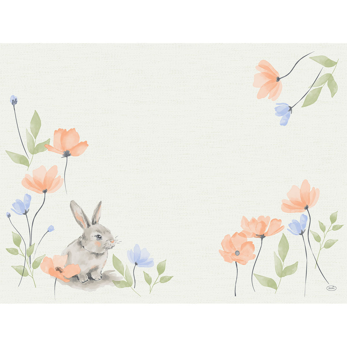 Die Bio-Dunicel-Sets 30x40 Bunny Bloom der Duni GmbH zeigen ein graues Kaninchen inmitten von orangefarbenen und blauen Blüten mit grünen Blättern auf hellem Hintergrund. Diese umweltfreundlichen Tischsets (100 Stück) sind perfekt für den Frühling, akzentuiert durch eine florale Bordüre in zwei Ecken.