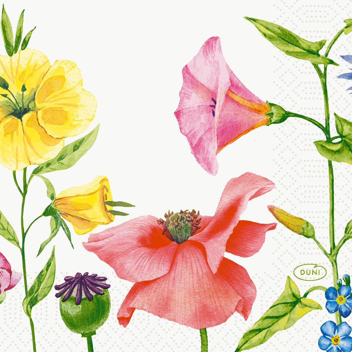 Colorful flowers and green leaves adorn a white background on this high-quality napkin, 24x24 3-ply 1/4 by Duni GmbH. The "Duni" logo at the bottom right makes it perfect for special occasions.