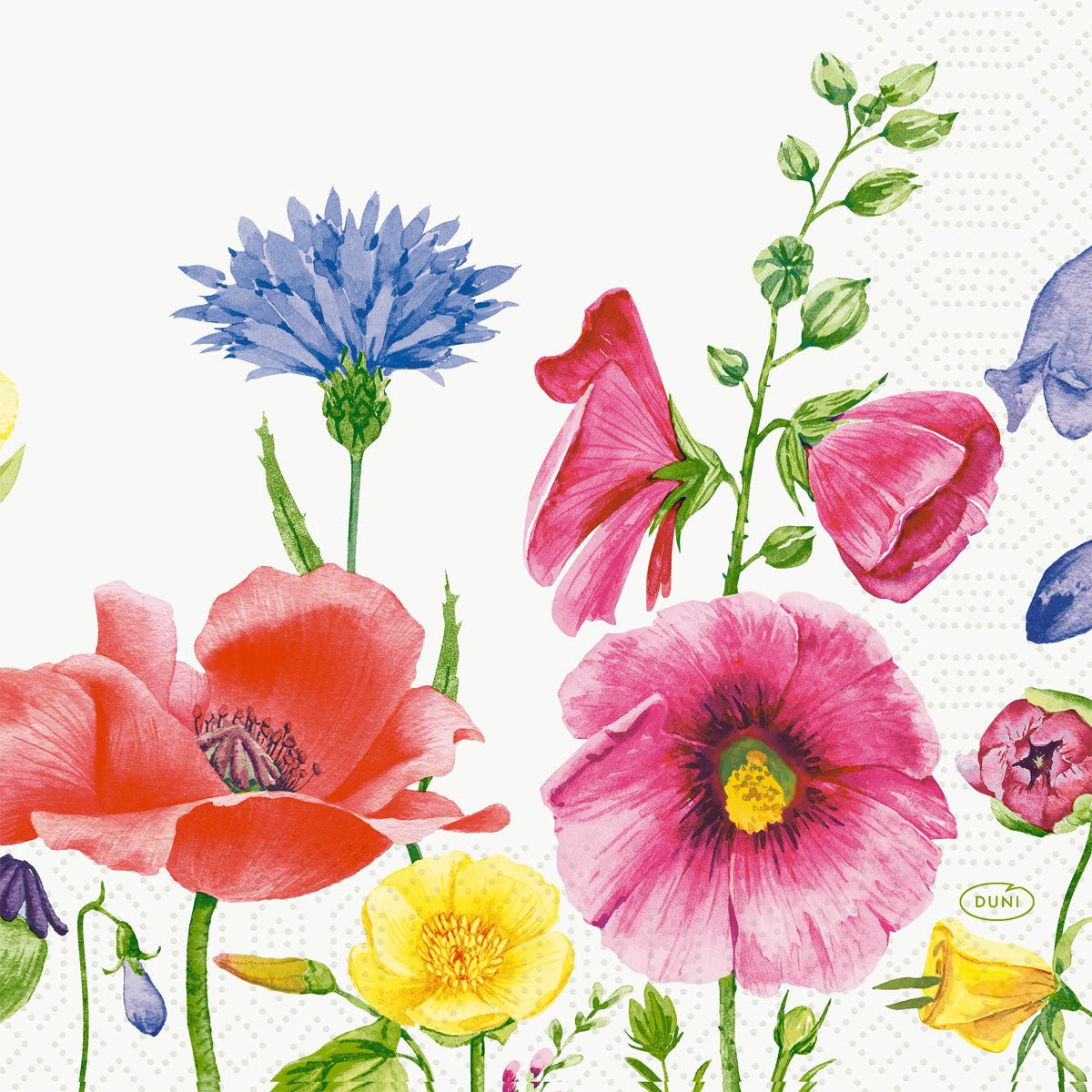 A vibrant wildflower illustration with pink, red, yellow, and blue blossoms adorns the Duni GmbH napkins 33 cm 3-ply 1/4-fold Flowy Meadow paper napkins (pack of 250 pieces) - perfect for bringing dreamy color to the table.