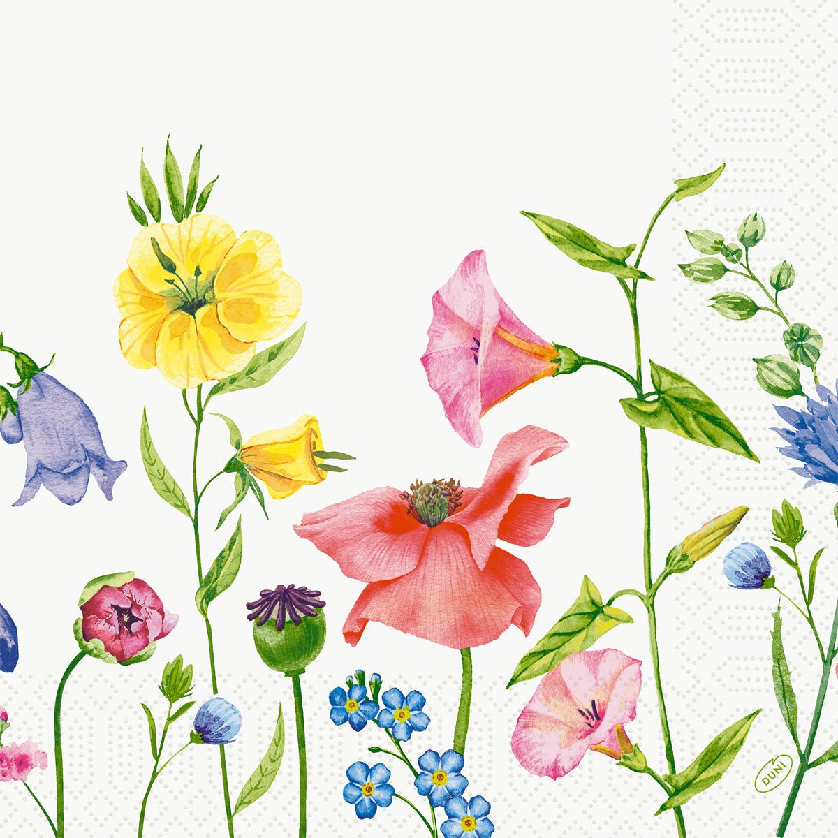 Napkins 40x40 cm 3-ply Flowy Meadow by Duni GmbH: Decorative paper napkins with colorful wildflowers - yellow, pink, purple, and blue blossoms on a green meadow design against a white background and a subtle pattern border on the right. Pack (250 pieces).