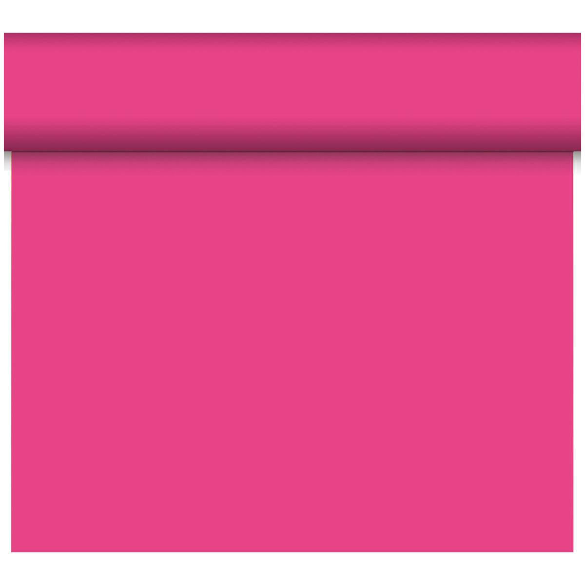 Eine teilweise abgerollte Rolle Bio-DC-Tete a Tete 0,4x24m der Duni GmbH zeigt eine glatte, matte, magentafarbene, biologisch abbaubare Oberfläche, mit einem sichtbaren Schatten unter der Rolle im oberen Teil des Bildes.