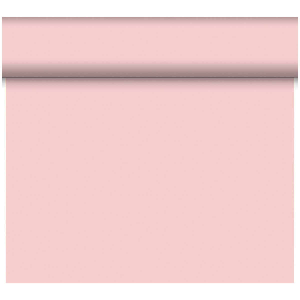 Eine Rolle Duni GmbH Bio-DC-Tete a Tete 0,4x24m hellrosa Tapete wird teilweise abgerollt, so dass ihre glatte, feste Oberfläche zum Vorschein kommt; der obere Teil bleibt gerollt, während der Rest vertikal hängt.