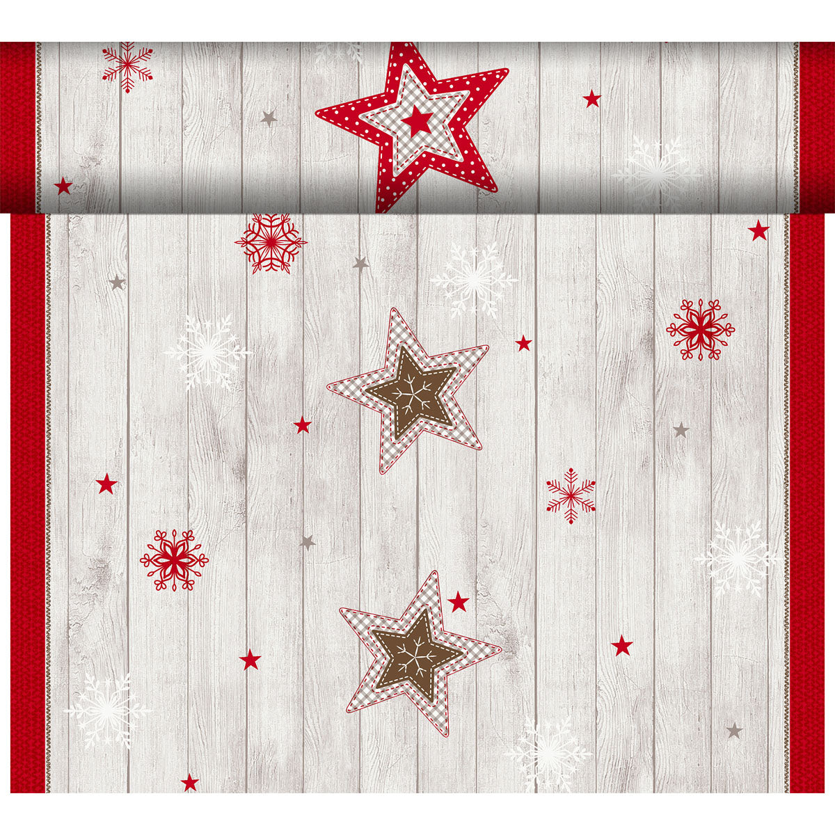 Das Dunicel-Tete a Tete 0,4x24m von Duni GmbH zeigt rote, weiße und braune Sterne mit Schneeflocken auf einem hellen Holzgrund mit roter Umrandung - ideal als eleganter Tischläufer für jede festliche Tischdekoration.