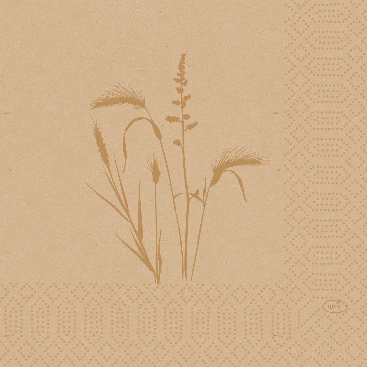 The Duni GmbH cellulose napkins 33 cm 3-ply 1/4-fold Meadow natural (50 pieces) are adorned with natural grass and grain prints, a dotted geometric border, and the "Duni" logo in the corner, providing additional natural aesthetics.