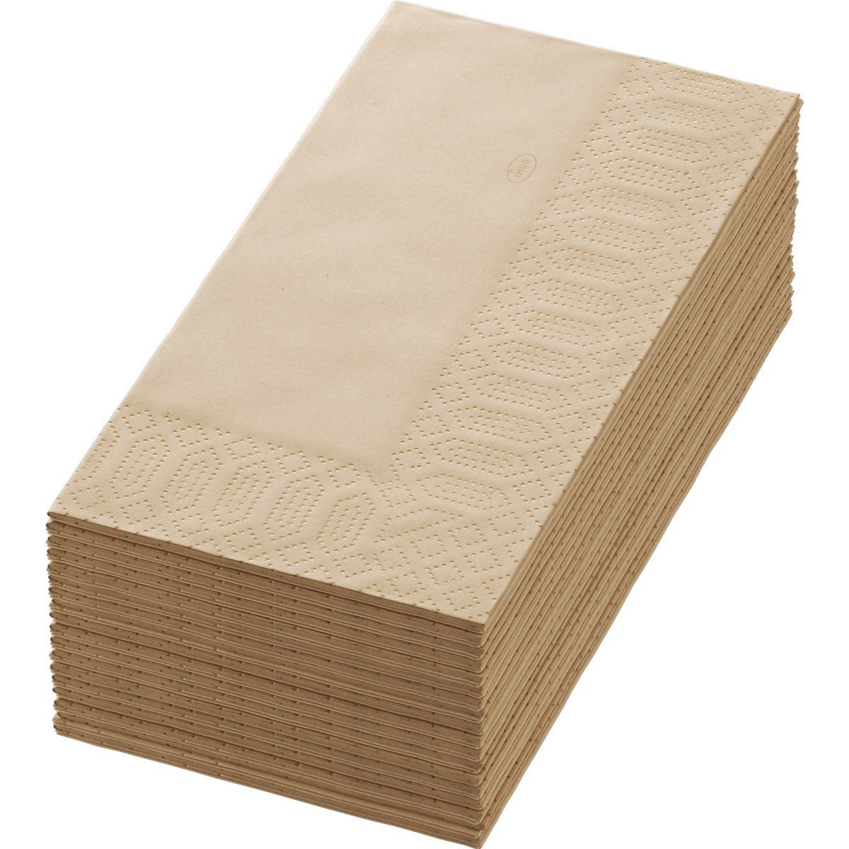 A stack of cell. napkins 40x40 3-ply 1/8 meadow natural paper napkins by Duni GmbH (250 pieces), brown, subtly textured and neatly folded on a white background.