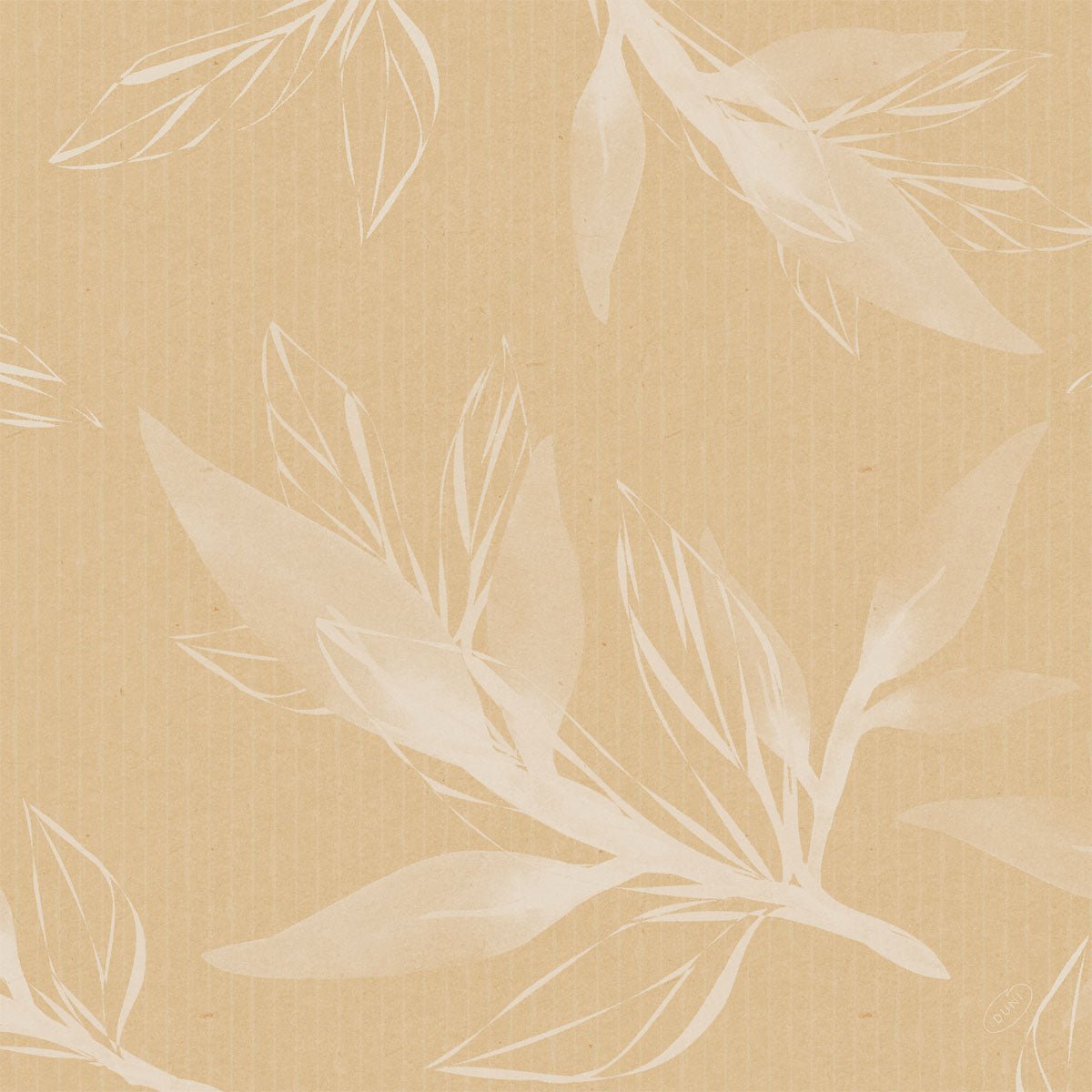 A light brown Bio-Dunisoft napkin. 40x40cm by Duni GmbH features a subtle vertical stripe texture and white, semi-transparent botanical leaf illustrations, evoking the gentle feel of organic cotton and an eco-friendly aesthetic.