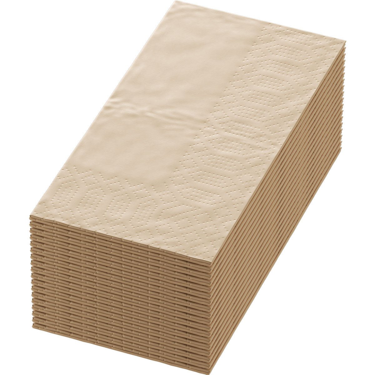A pack of Duni GmbH cellulose napkins 33x33 cm, 3-ply in natural brown with subtle edge embossing and 1/8-fold (250 pieces) is depicted on a white background, emphasizing the eco-friendly design.