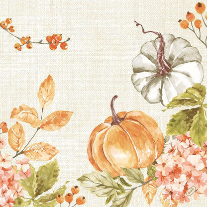 Watercolor illustration with orange and white pumpkins, autumn leaves, berries, and pink flowers on a beige background - ideal for Bio-Dunisoft napkins 40x40cm by Duni GmbH, adding an elegant autumn touch to the sustainably set table.