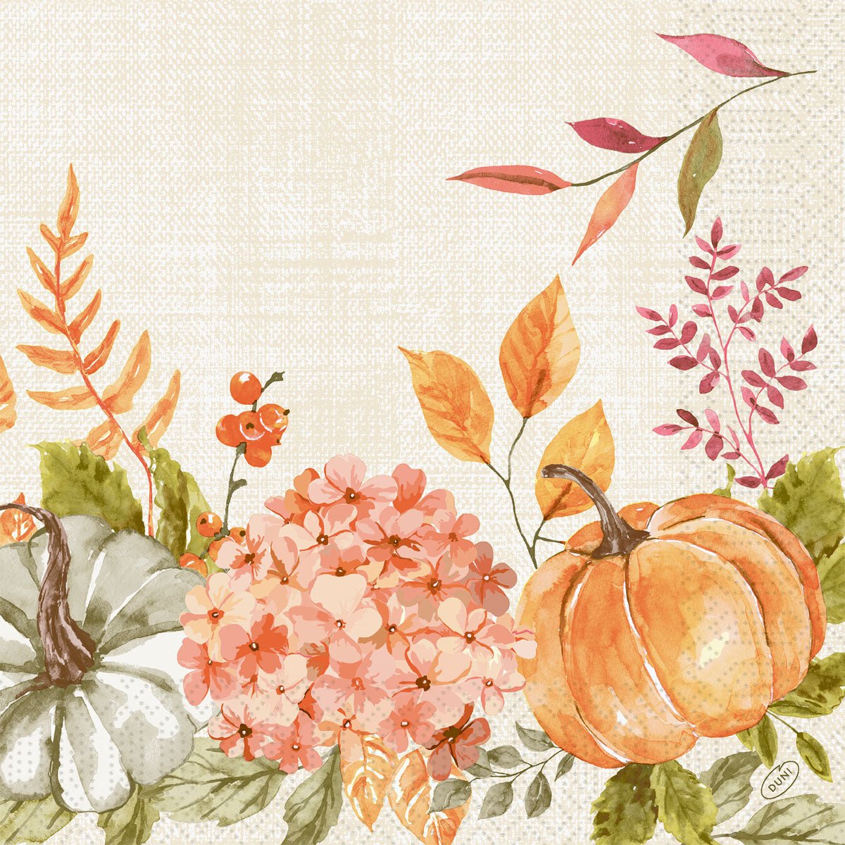 Watercolored orange and green pumpkins, Spicy Pumpkin tones, pink hydrangeas, and autumn leaves adorn the bottom edge - ideal for Duni GmbH napkins 40x40 3-ply 1/4 Spicy Pumpkin (pack of 250 pieces) designs.
