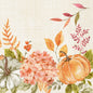 Watercolored orange and green pumpkins, Spicy Pumpkin tones, pink hydrangeas, and autumn leaves adorn the bottom edge - ideal for Duni GmbH napkins 40x40 3-ply 1/4 Spicy Pumpkin (pack of 250 pieces) designs.