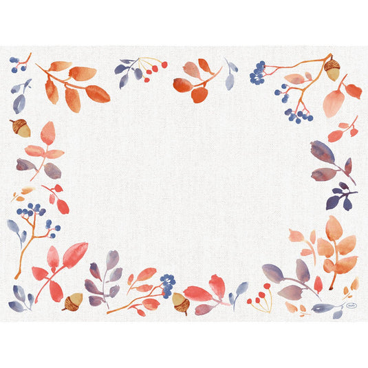 A rectangular white background, framed by watercolor-like autumn leaves, berries, and acorns, forms the centerpiece - ideal for the Duni GmbH Bio-Dunicel-Sets 30x40 Autumn Gradient (pack of 100 pieces). The central area is left blank.