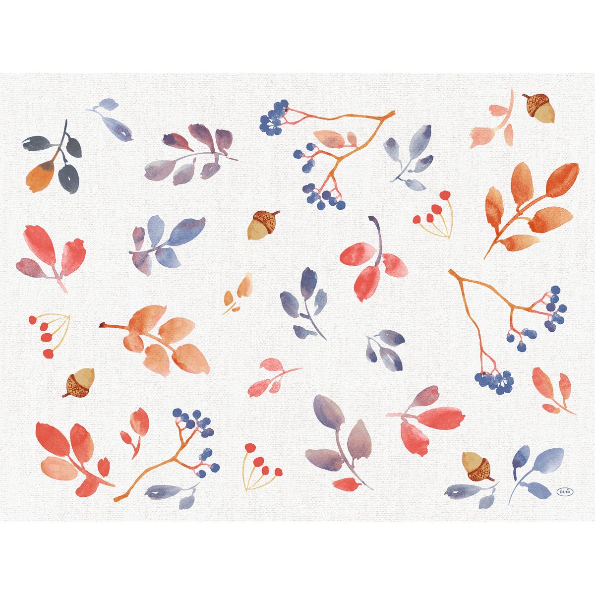 A watercolored autumn foliage, berry, and acorn pattern in autumn gradient colors adorns the Duni GmbH paper placemats 30x40cm Autumn Gradient (pack of 250 pieces) - ideal for a charming table decoration.