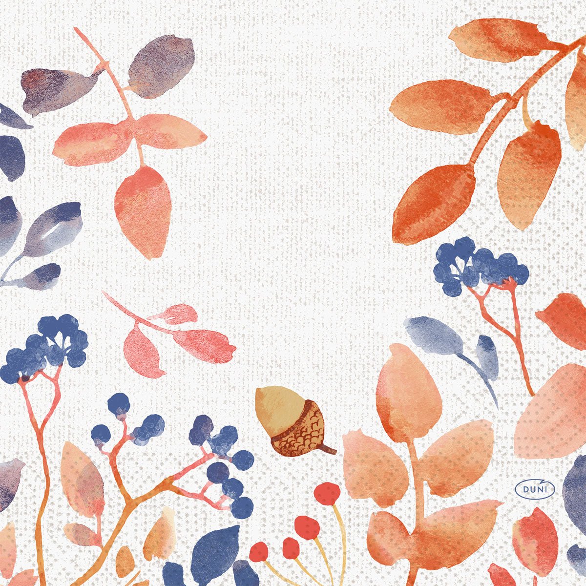 Watercolored autumn leaves, berries, and an acorn in orange, red, and blue on textured white. The logo of Duni GmbH is located at the bottom right. Perfect for napkins 33x33 3-ply 1/4 autumn gradient | Pack (250 pieces).