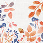 Watercolored autumn leaves, berries, and an acorn in orange, red, and blue on textured white. The logo of Duni GmbH is located at the bottom right. Perfect for napkins 33x33 3-ply 1/4 autumn gradient | Pack (250 pieces).