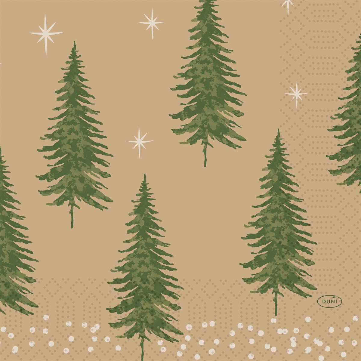 The Duni GmbH napkins 33x33 3-ply 1/4 Humble Trees feature green stylized trees with white stars and dots on beige, plus "DUNI" text at the bottom right. The package contains 250 pieces.