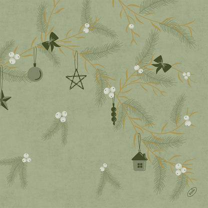 Illustration of pine branches with white berries and dark green ornaments on a green, textured background, featuring Bio-Dunisoft napkins 40x40cm by Duni GmbH as part of the festive decoration.