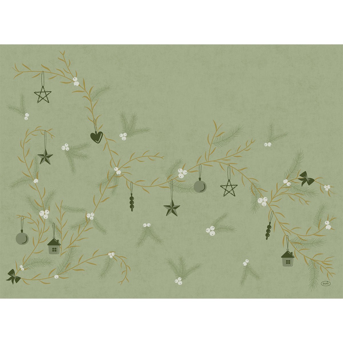The Bio-Dunicel sets 30x40 Noel pistachio by Duni GmbH feature decorative branches with ornaments, stars, hearts, birdhouses, and white berries on a muted green background - perfect for an elegant, sustainable table. Package (100 pieces).
