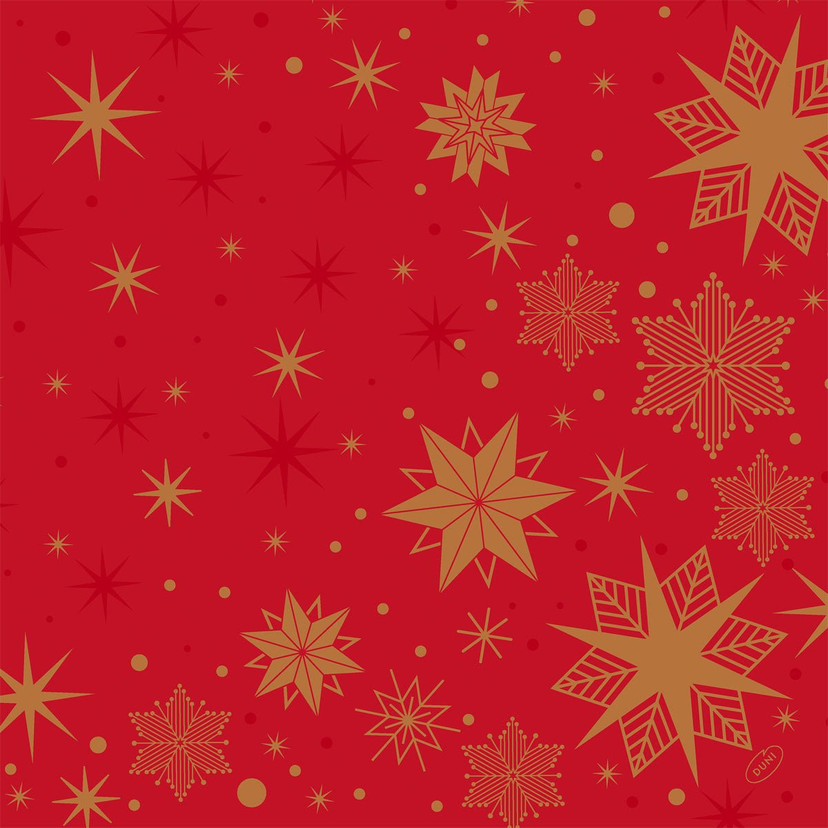 A red background with golden and dark red stars and snowflakes creates a festive, Christmas pattern - perfect for Bio-Dunisoft napkins 40x40cm by Duni GmbH.
