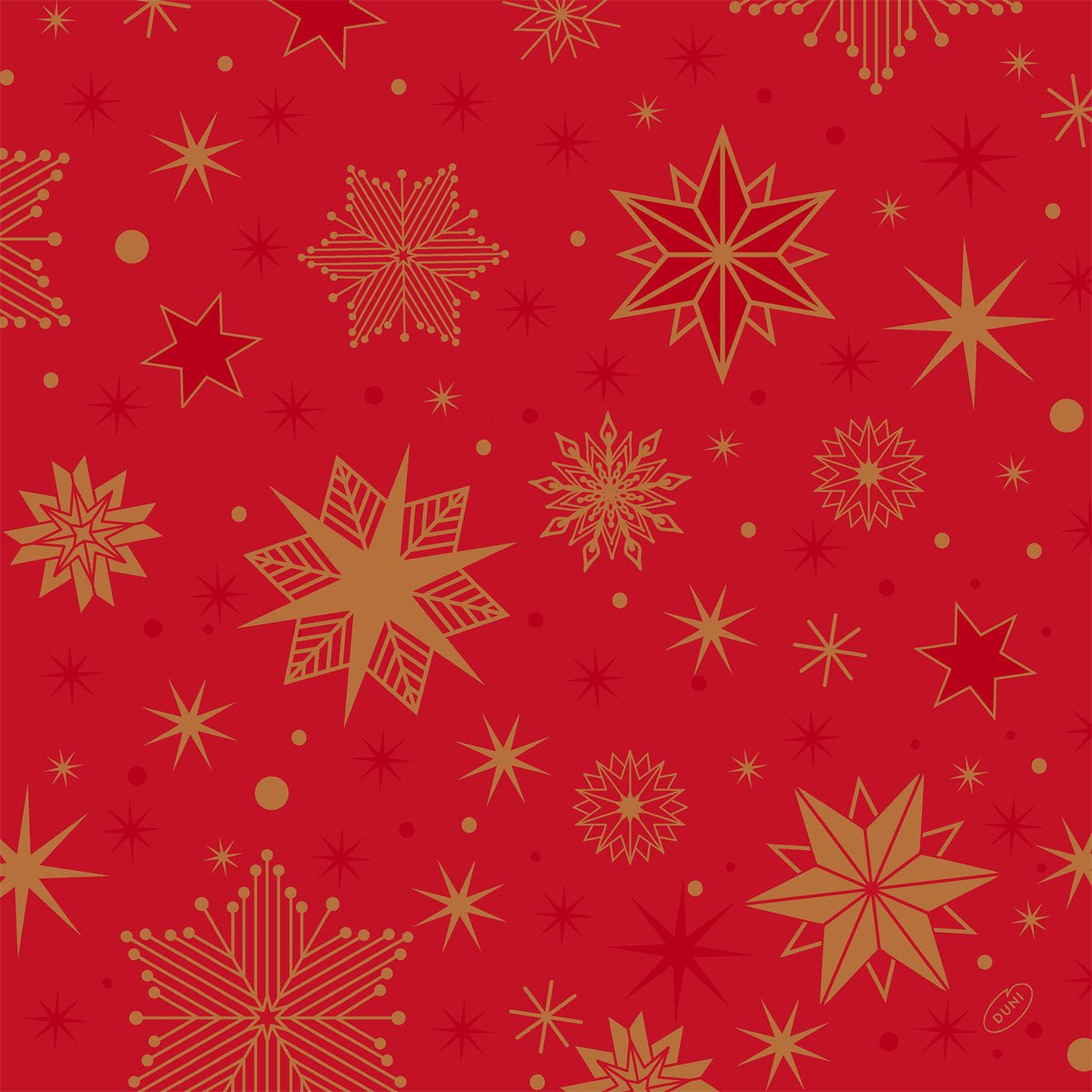 The Duni napkins Classic Stargazing red (40x40 cm, 4-ply, 50 pieces) from Duni GmbH have a festive red background with golden and yellow star patterns - ideal for adding elegance to special occasions.