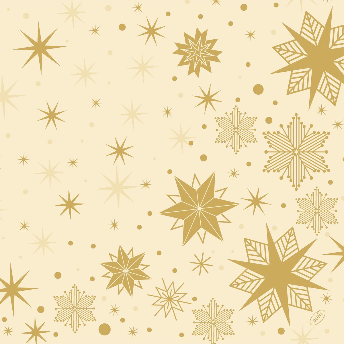 A beige background with golden stars and snowflakes in various sizes forming a repeating pattern - ideal for Bio-Dunisoft napkins 40x40cm by Duni GmbH.