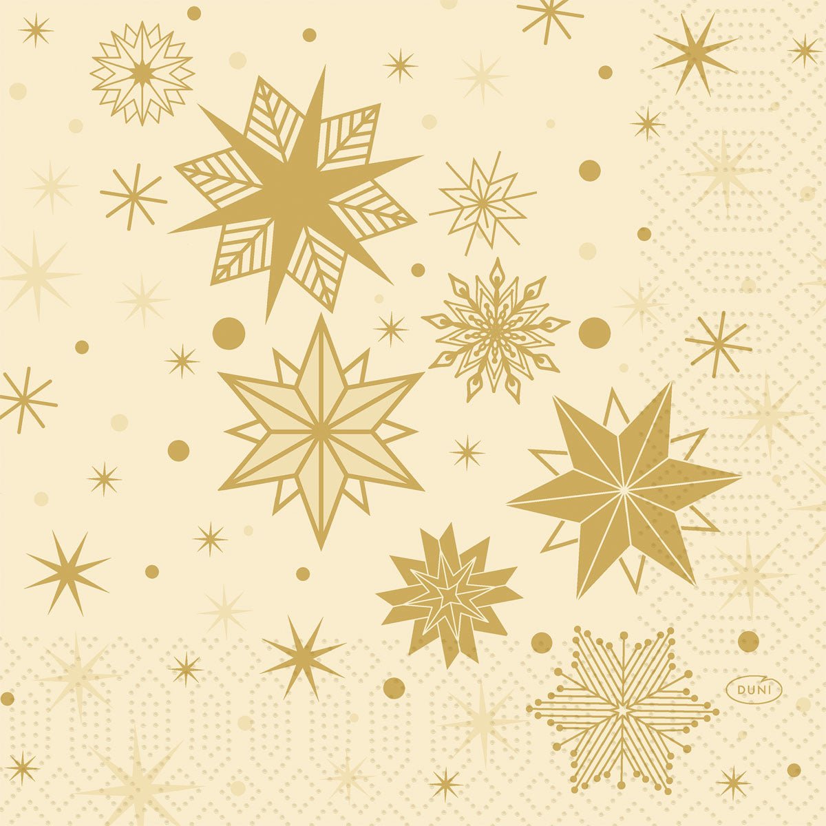 Bring elegance to your table with the 33x33 3-ply 1/4 Stargazing cream napkins (pack of 50) from Duni GmbH, featuring golden geometric stars and dots on a beige background with a subtle grid and dot pattern.