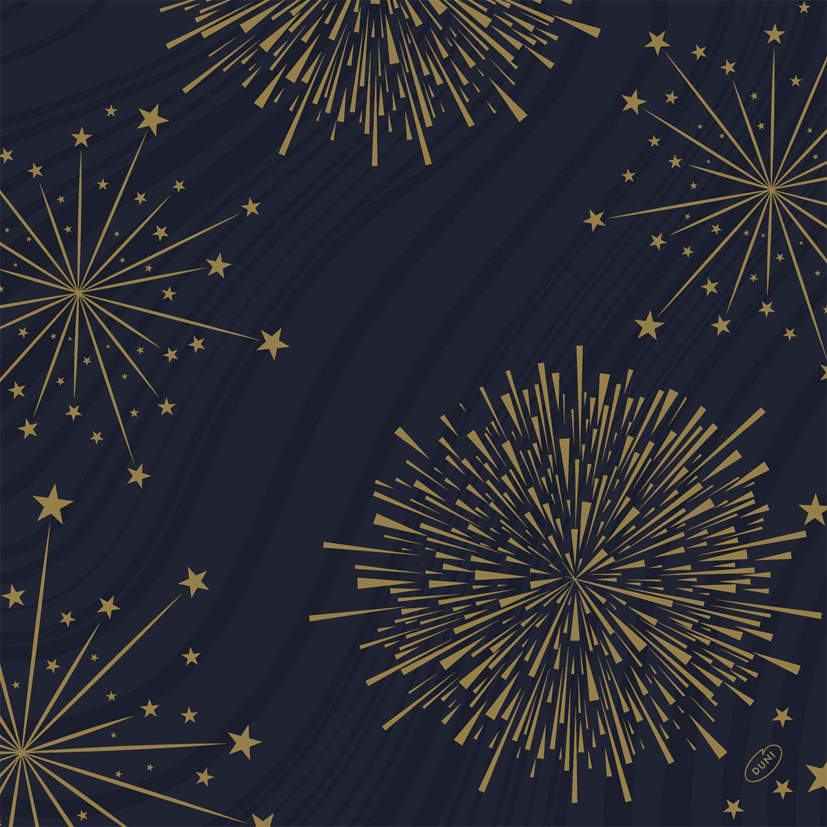 The Bio-Dunisoft napkins 40x40cm by Duni GmbH feature a golden firework and stars on a navy blue background with wave lines. These sustainable napkins give every event a festive and eco-friendly touch.