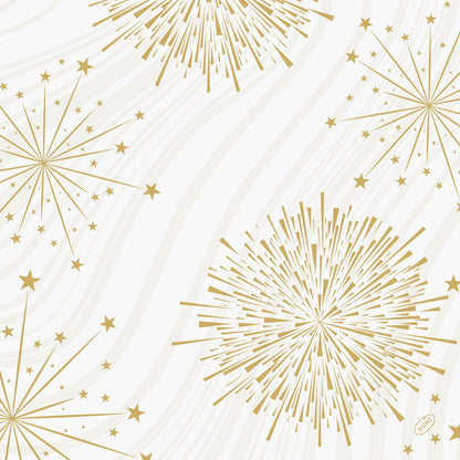 Golden starburst and firework patterns with various line and star shapes adorn a white background with subtle gray waves, creating a festive look - ideal for Duni GmbH Bio-Dunisoft napkins 40x40cm for any occasion.