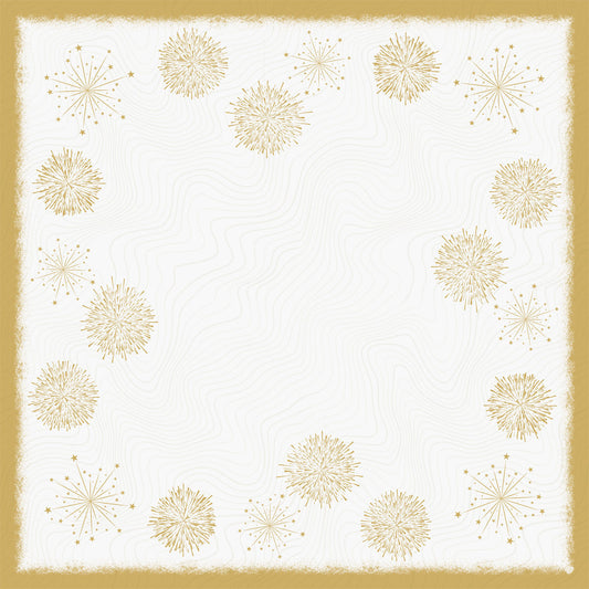 Die Bio-Dunicel-Mitteldecke 84x84cm Sparkly white von Duni GmbH hat einen quadratischen weißen Hintergrund mit einem strukturierten goldenen Rand und Sternenmustern an den Rändern sowie Wellenlinien in der Mitte - perfekt für eine umweltfreundliche Tischgestaltung. Packung (20 Stück).