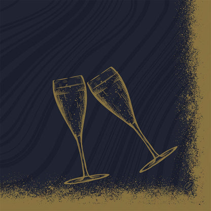Two gold-illustrated champagne glasses clink against a dark blue-gold, textured background and perfectly match the Bio-Dunisoft napkins 40x40cm by Duni GmbH for your eco-conscious celebrations.