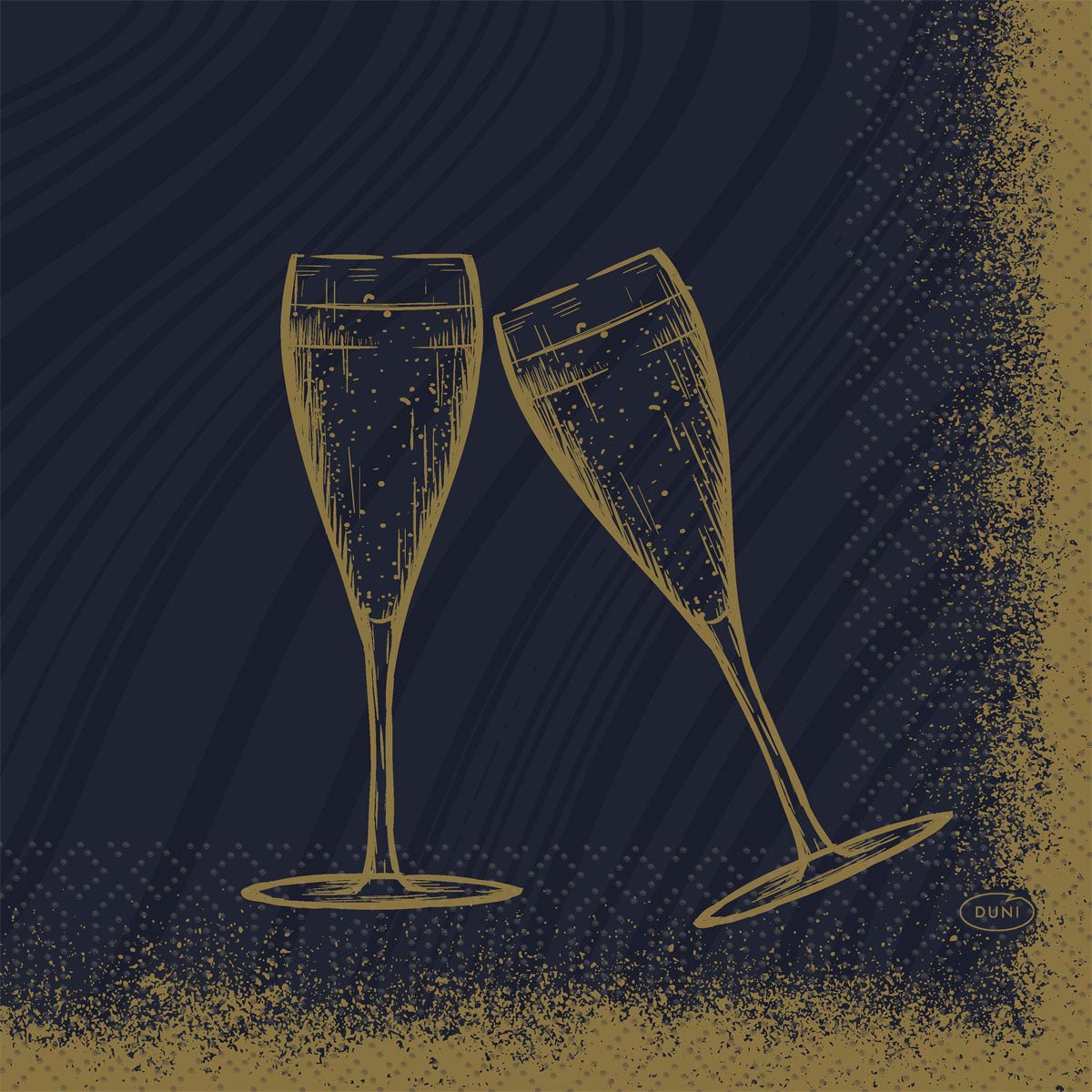 Two gold-rimmed champagne glasses clink against a dark blue speckled background - an elegant design for Duni GmbH napkins 33x33 3-ply 1/4 Sparkly Cheers black, pack (50 pieces).