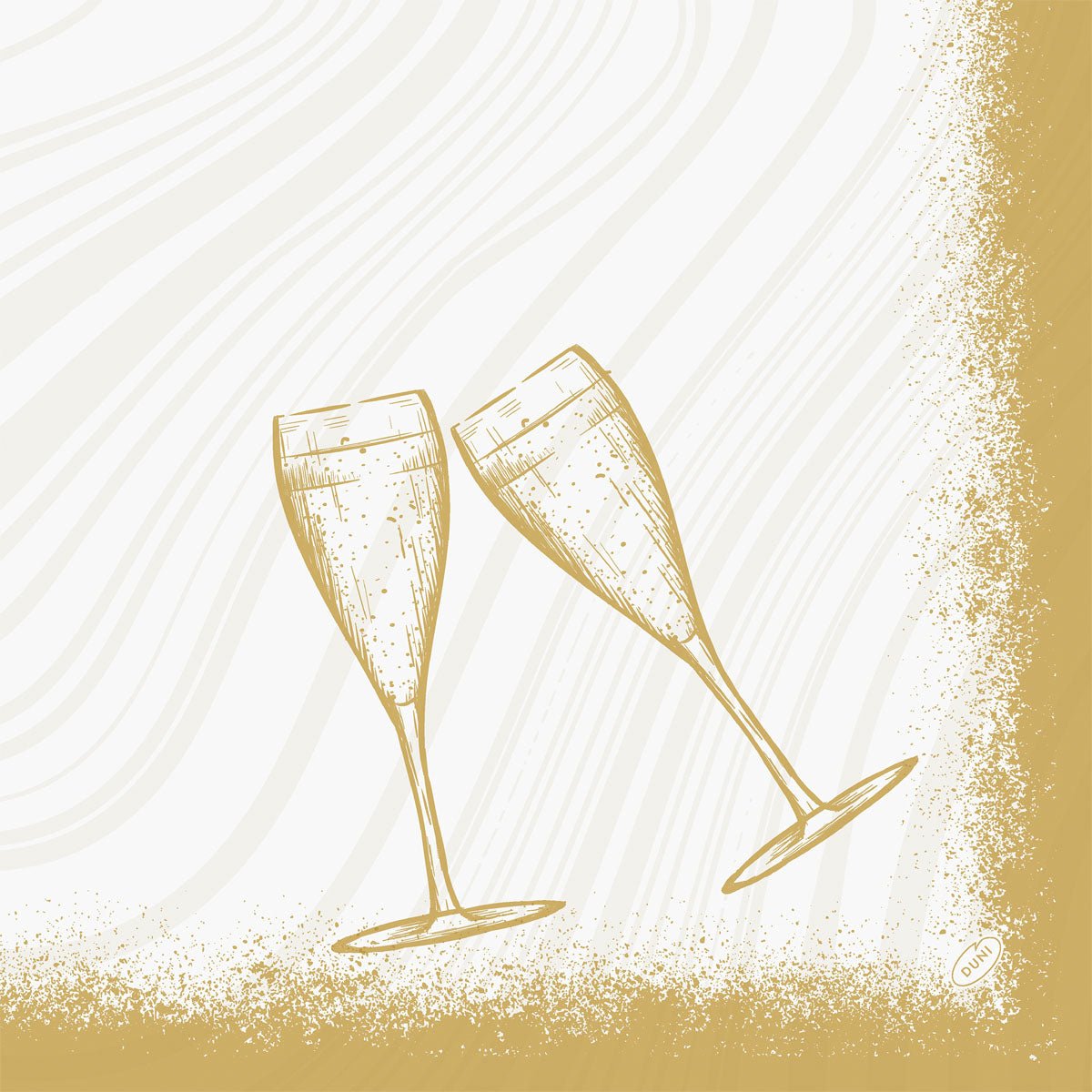 A simple illustration of two clinking champagne glasses with a textured gold rim and wave-shaped background lines highlights the Bio-Dunisoft napkins 40x40cm by Duni GmbH for an eco-conscious celebration.