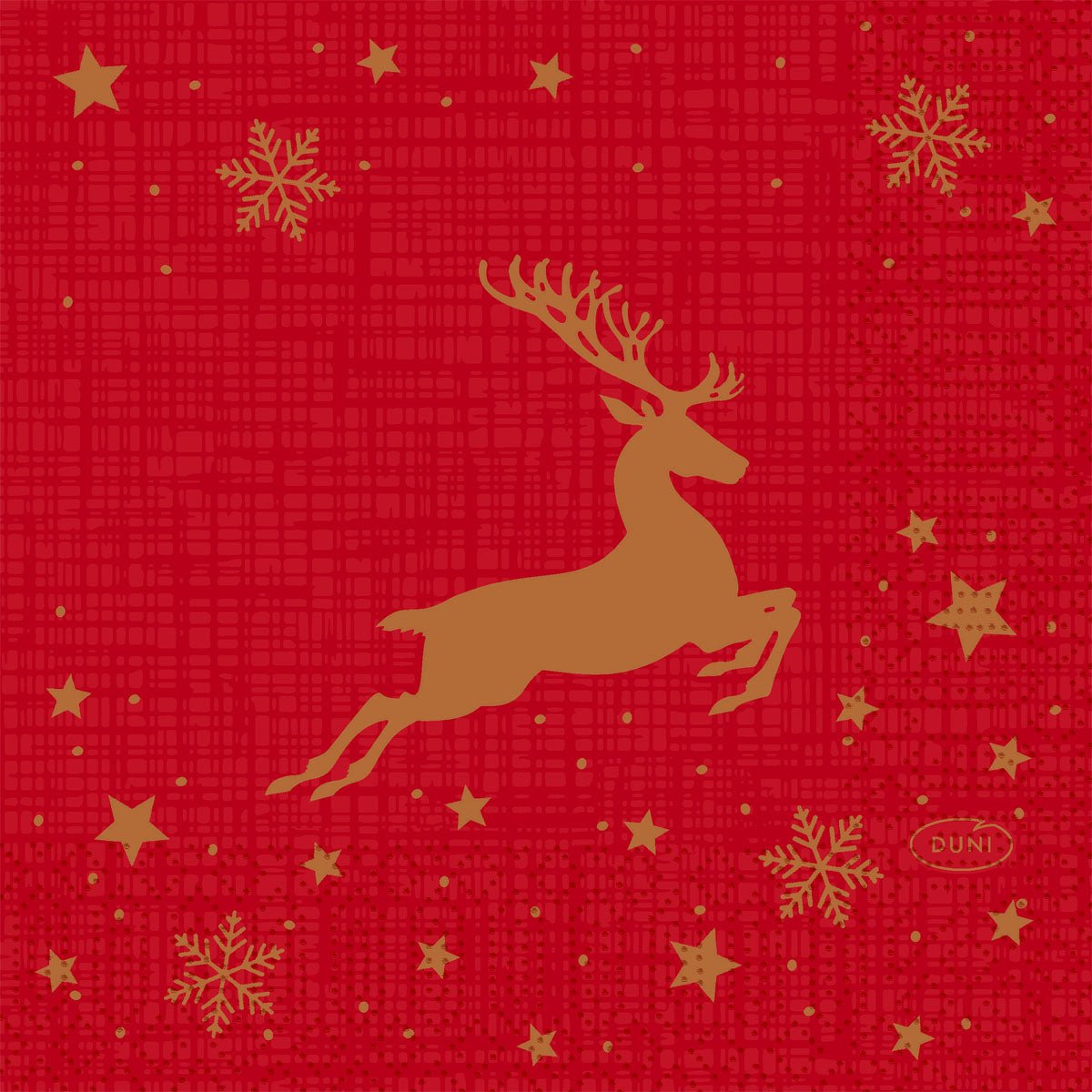 A golden reindeer jumps on a red background with golden stars and snowflakes. In small print appears "Duni GmbH", perfect for the collection Napkins 24x24 3-ply 1/4 Shimmer Trees | Package (50 pieces).