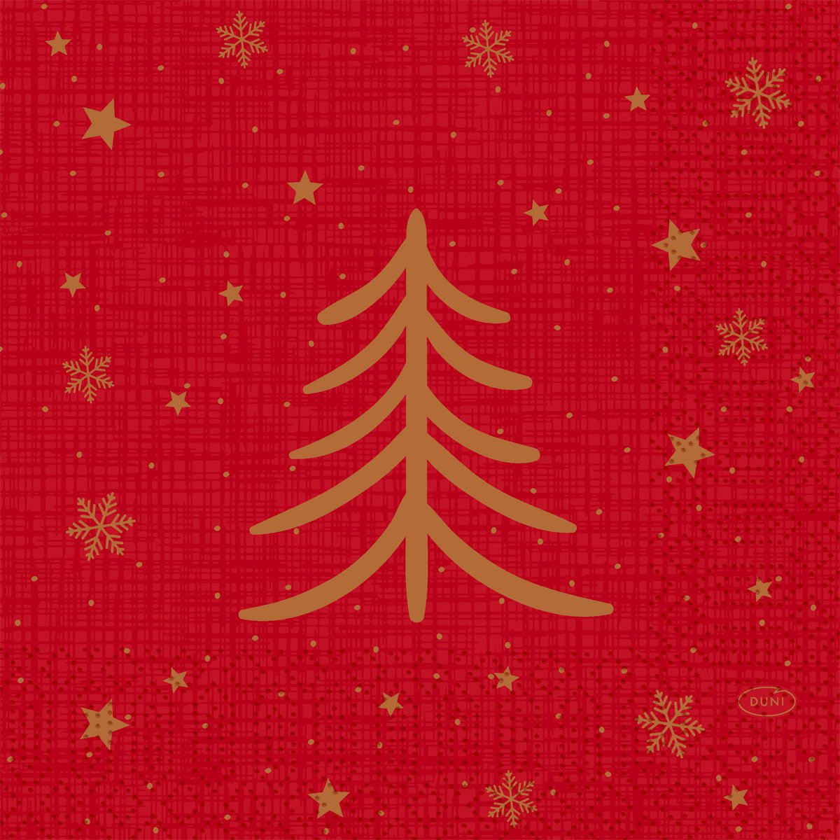 A golden stylized Christmas tree stands on a red grid background with golden stars and snowflakes - ideal for the napkins 33x33 3-ply 1/4 Shimmer Trees by Duni GmbH, pack (250 pieces).