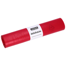 Abgebildet ist eine eng gerollte DEISS Müllsäcke Typ 60 (70 l, 575x1000 mm) aus Recycling-LDPE der EMIL DEISS KG (GmbH + Co.), in rot mit weißem "DEISS Abfallsäcke"-Label und Recycling-Symbol, auf einfarbig weißem Hintergrund.