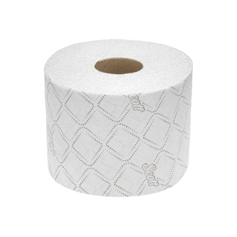 A single roll of Scott® Essential™ Toilet Paper 8517, 2-ply, from Kimberly-Clark GmbH, with a diamond pattern and "Scott" branding on FSC-certified paper, is depicted against a plain white background.