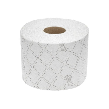 A single roll of Scott® Essential™ Toilet Paper 8517, 2-ply, from Kimberly-Clark GmbH, with a diamond pattern and "Scott" branding on FSC-certified paper, is depicted against a plain white background.