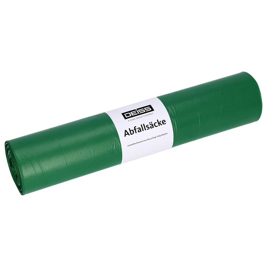 Abgebildet ist eine Rolle grüner EMIL DEISS KG (GmbH + Co.) Müllsäcke mit der Aufschrift "DEISS 22054 - 700x1100 mm grün | Rolle (25 Stück)" und einem weißen Etikett mit der Aufschrift "Abfallsäcke" vor einem schlichten weißen Hintergrund.
